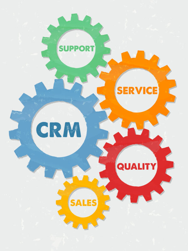 CRM, support, service, quality, sales - words in colored grunge flat design gear wheels, business concept - customer relationship management