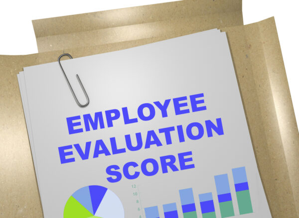 3D illustration of "EMPLOYEE EVALUATION SCORE" title on business document