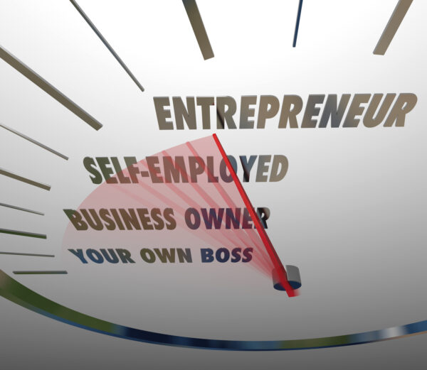 Entrepreneur word on a speedometer with red needle racing past words Be Your Own Boss, Business Owner and Self Employed