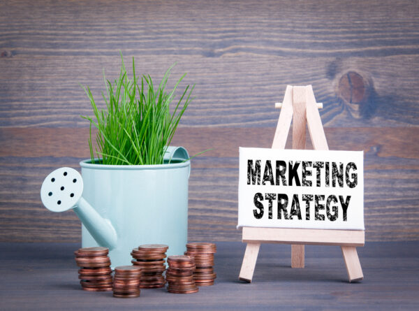 Marketing Strategy, Business Concept. Miniature watering pot with fresh green spring grass and small change.