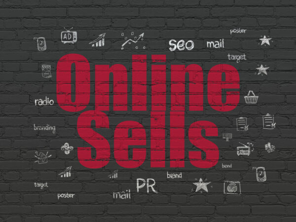 Marketing concept: Painted red text Online Sells on Black Brick wall background with  Hand Drawn Marketing Icons