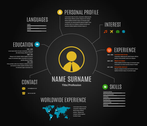 Vector resume web infographic template cv with world map and icons. Dark black background.