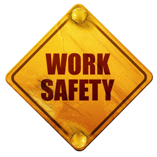 work safety, 3D rendering, yellow road sign on a white background